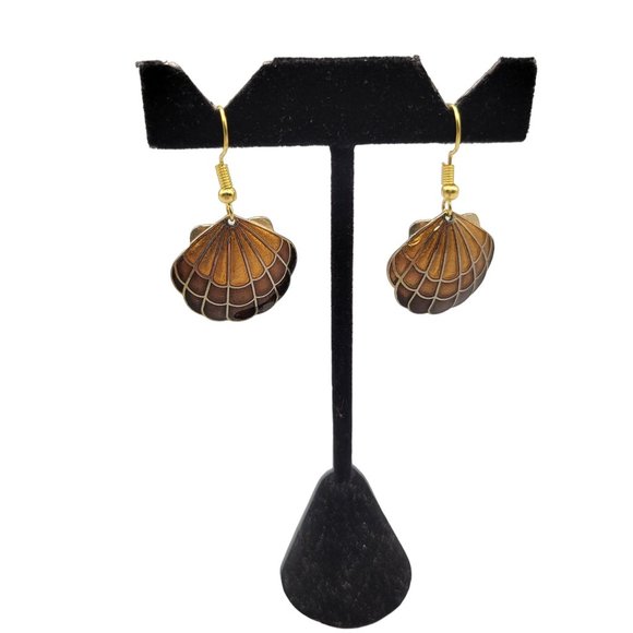 Cloisonne Enamel Clam Shell Earrings Brown Gold Dangle Drop Wire Hooks - Picture 2 of 4